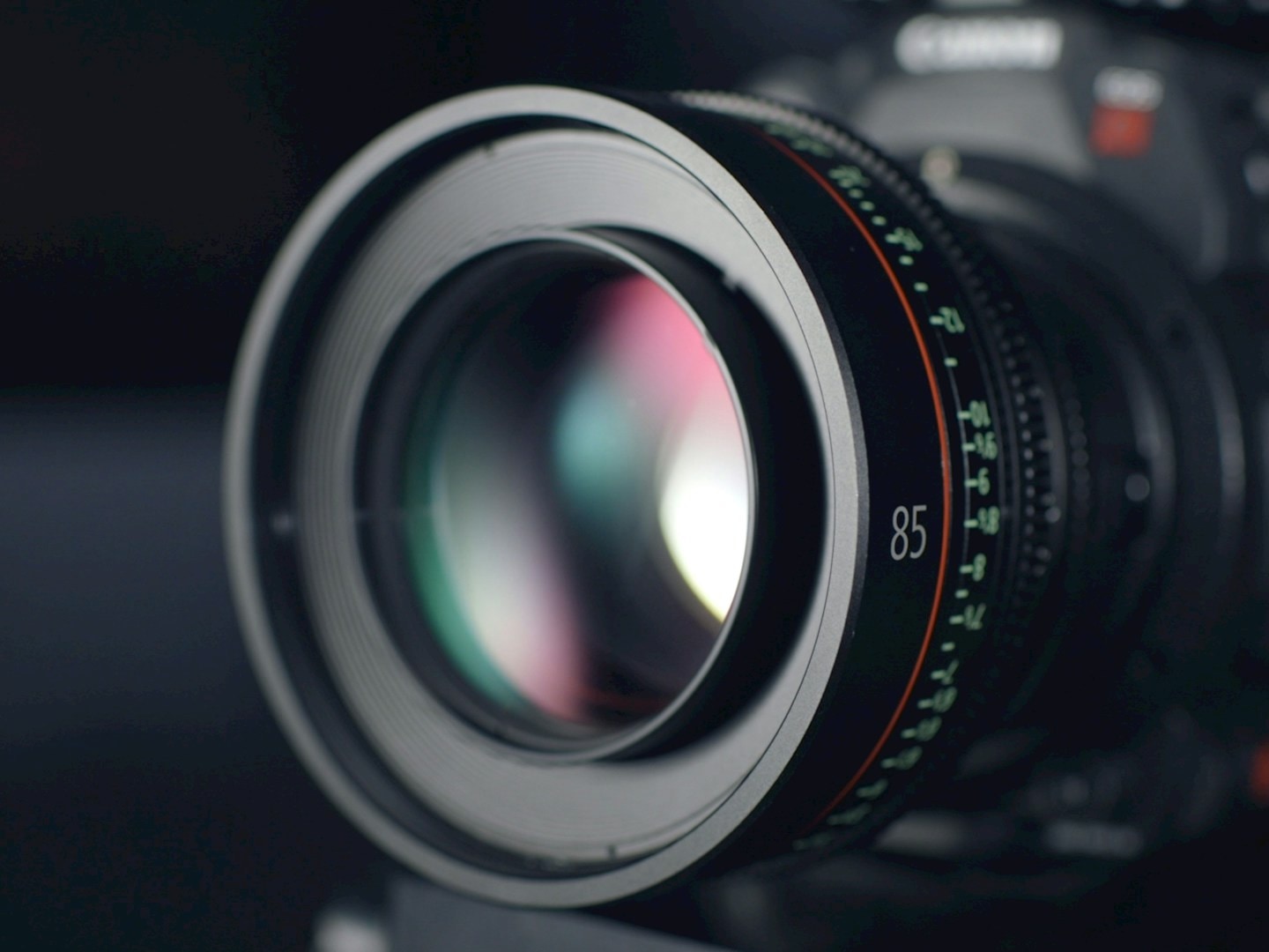 Close-up of professional 85mm cinema prime camera lens