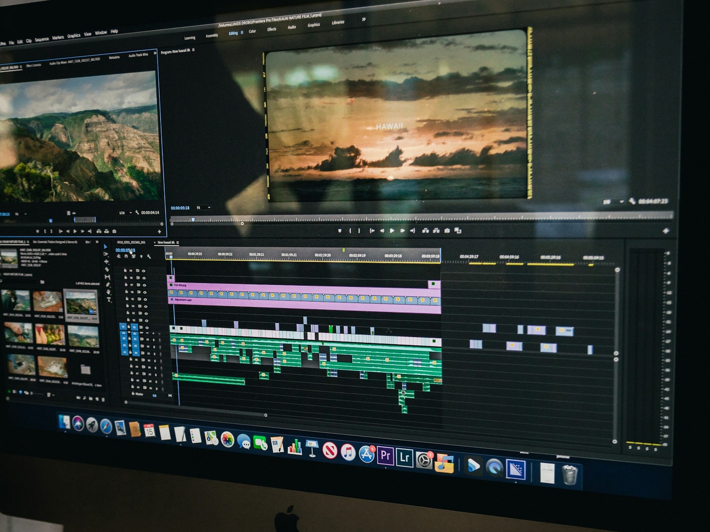Apple iMac video editing workstation running Premiere Pro timeline